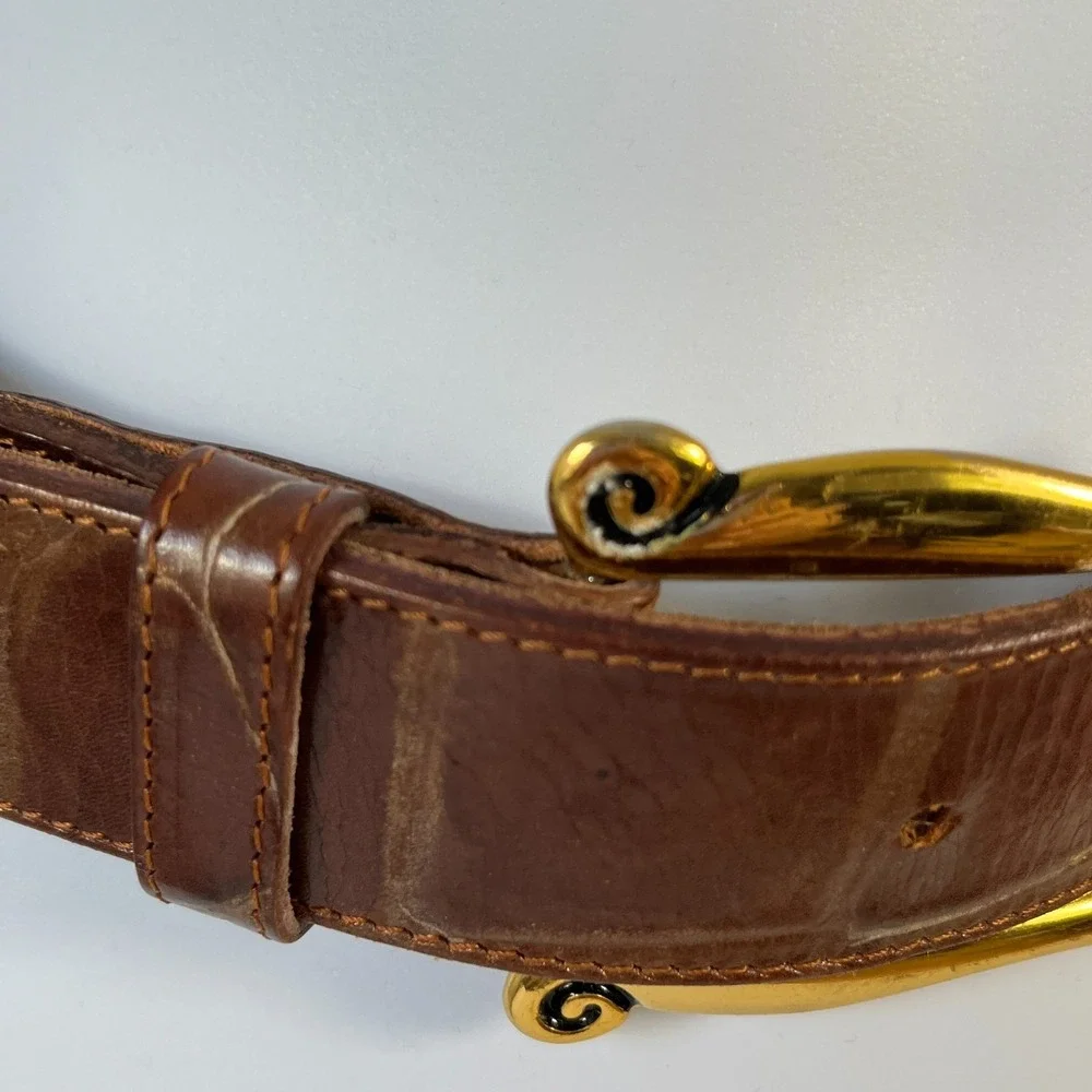 Vtg Linea Pelle Belt Croc Embossed Leather Brown/Gold Tone‎ Buckle Italy M Boho